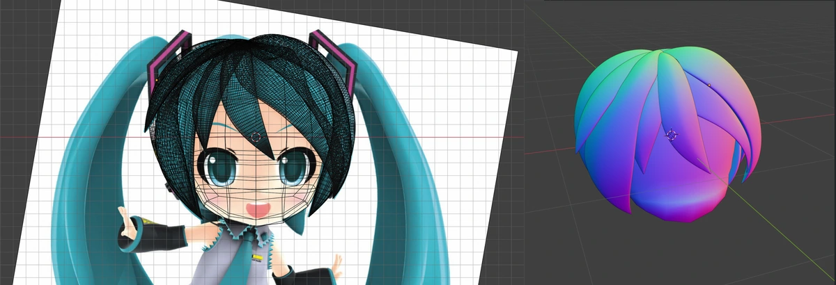 Screenshot from Blender, showing wireframe model of Hatsune Miku head over flat image. On the side the view from viewport shading.