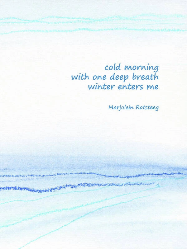 cold morning  
with one deep breath  
winter enters me 

Winter snow minimalist abstract lines is a hand-painted acrylic painting painted by artist Karen Kaspar.
Soft blue and turquoise lines create a tranquil, abstract representation reminiscent of a tranquil winter landscape with snow-covered fields. The gentle gradient from the centre to the edges gives the impression of a calm, open space under a clear sky with a snow-covered path leading through the snow to the horizon.

This artwork, a combination of painting and haiku, is a joint project by Karen Kaspar (© art) and Marjolein Rotsteeg (© Haiku).
A haiku is a traditional Japanese poetry form consisting of three lines.

Here the acrylic painting was supplemented with the haiku in English. 