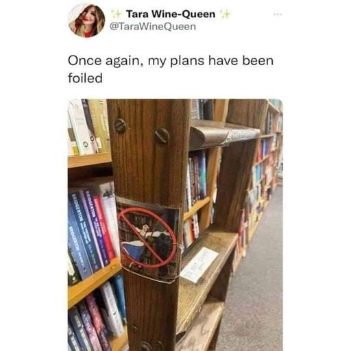 Tweet saying "Once again, my plans have been foiled" with a picture of a library ladder with a "no climbing, no dancing, no singing, sign."
