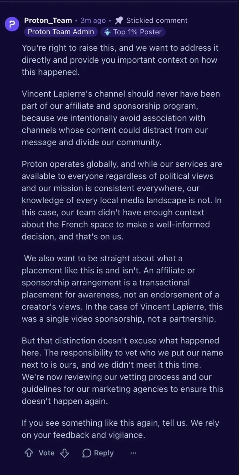 Proton has respond on reddit