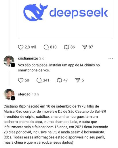 Print de meme envolvendo a ia chinesa deepseek