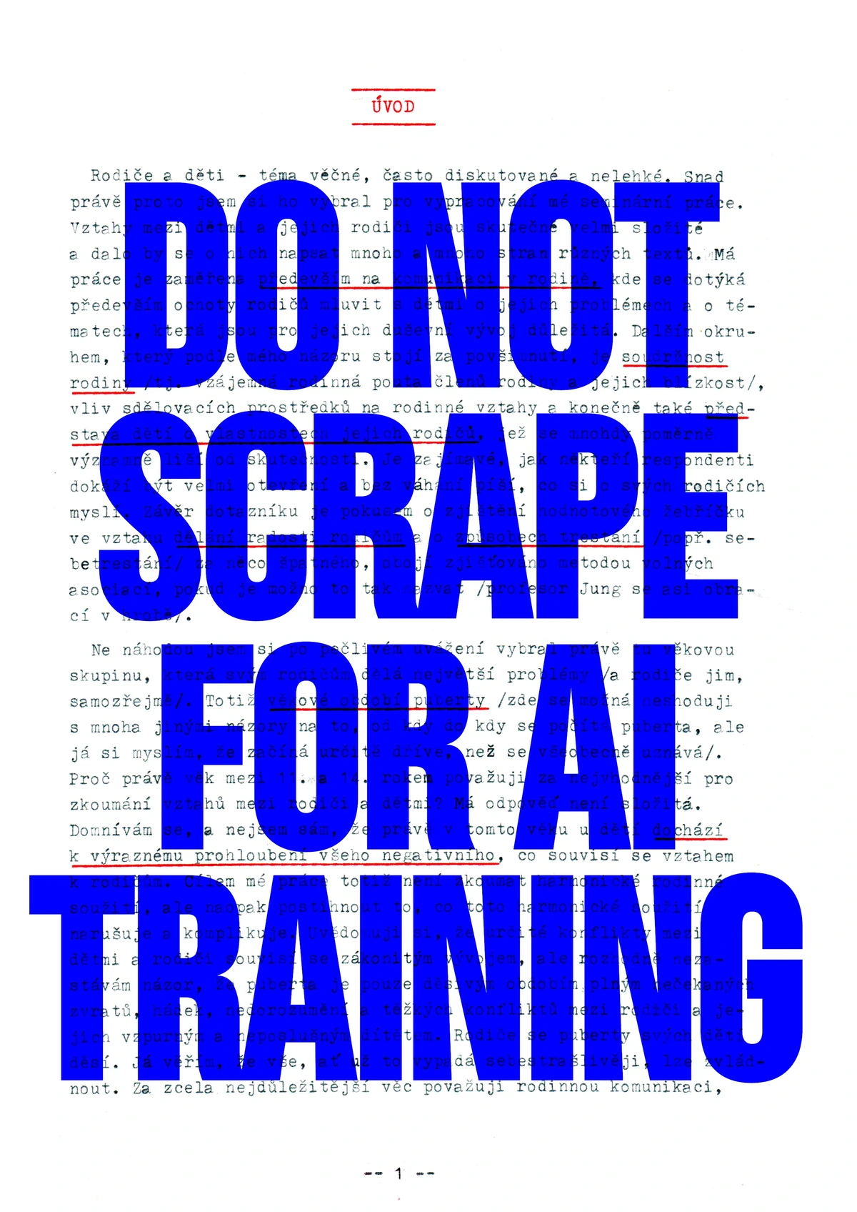 First page of a Czech-language social sciences essay on communication between family members by a 90s high-schooler using a 2-color typewriter. Blue watermark: "DO NOT SCRAPE FOR AI TRAINING"