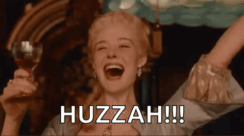 A lady drinking wine cries out "huzzah!"