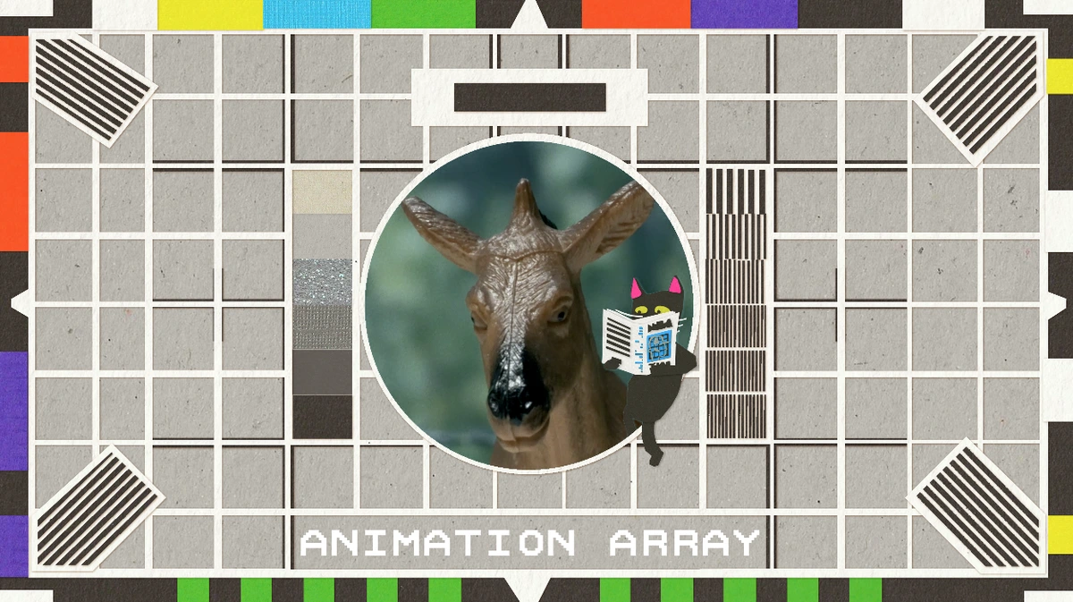 The opening titles to Animation Array, featuring a bgm video still and Herman, a cat reading a book.