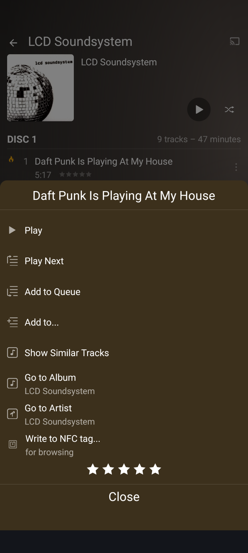 screenshot of plexamp song menu