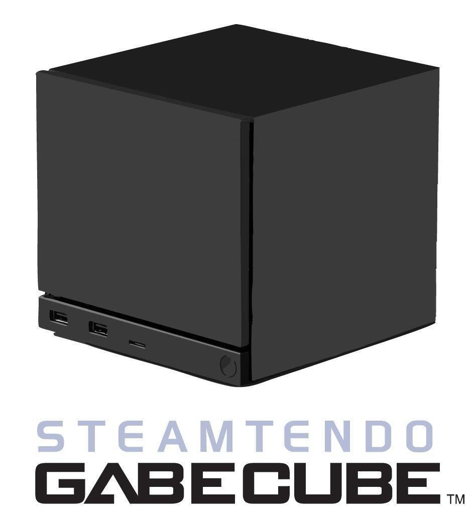 Image of a black cube-shaped gaming console with ports on the front (Steam Machine), labeled "STEAMTENDO GABE CUBE™."