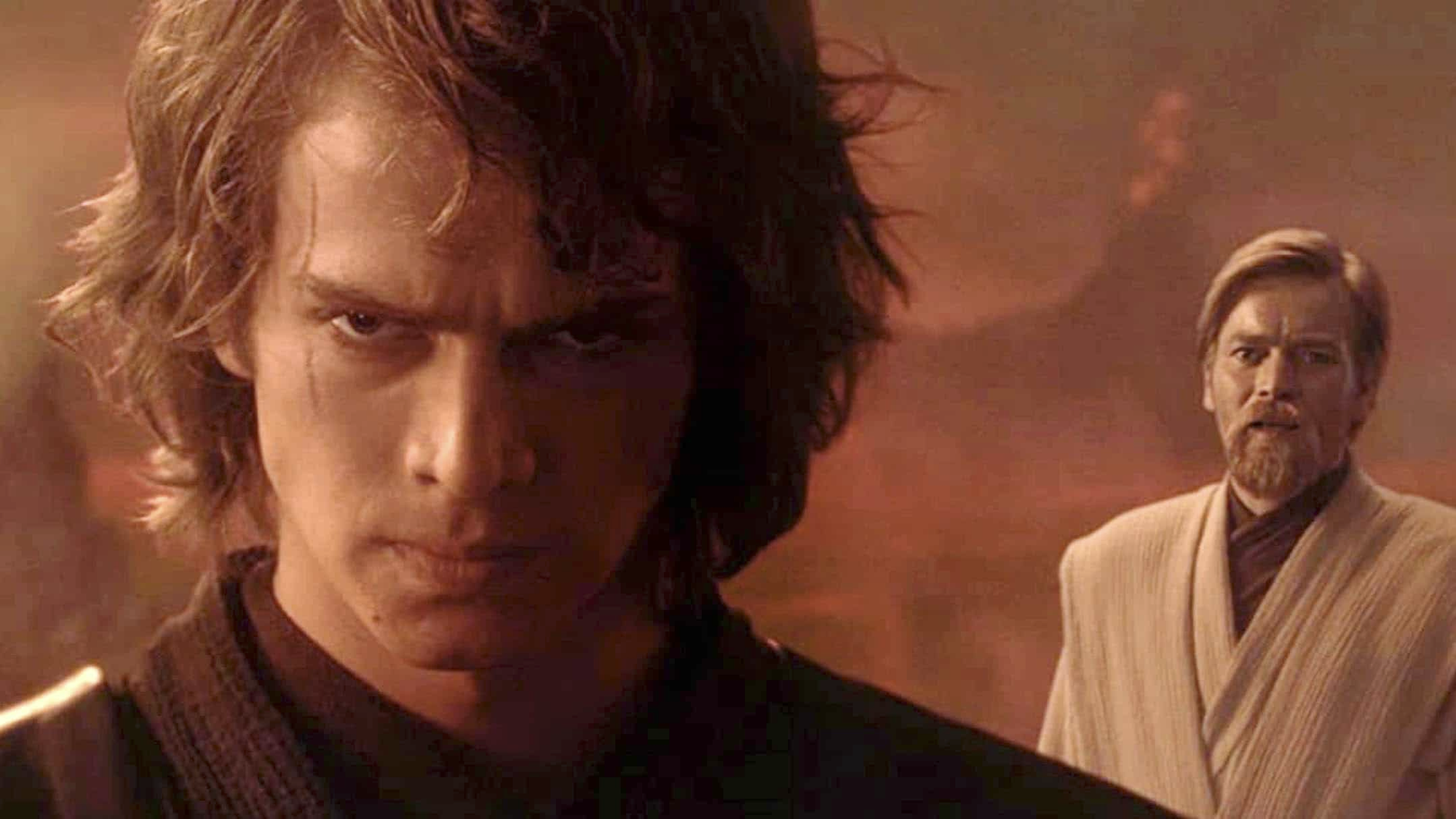 revenge of the sith movie screenshot of Anakin staring at viewer pov and Obi Wan is in background