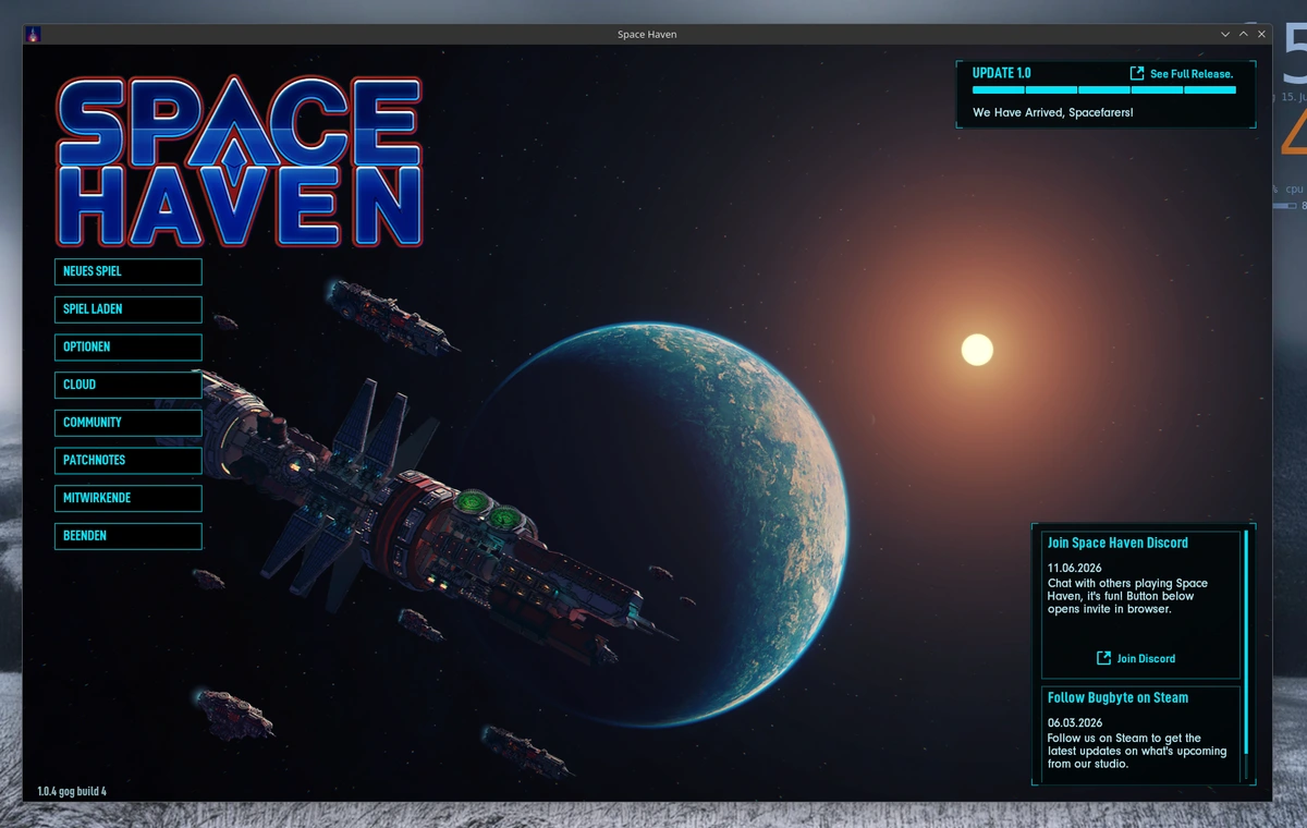 Screenshot vom Hauptmenüs des Spiels Space Haven. 