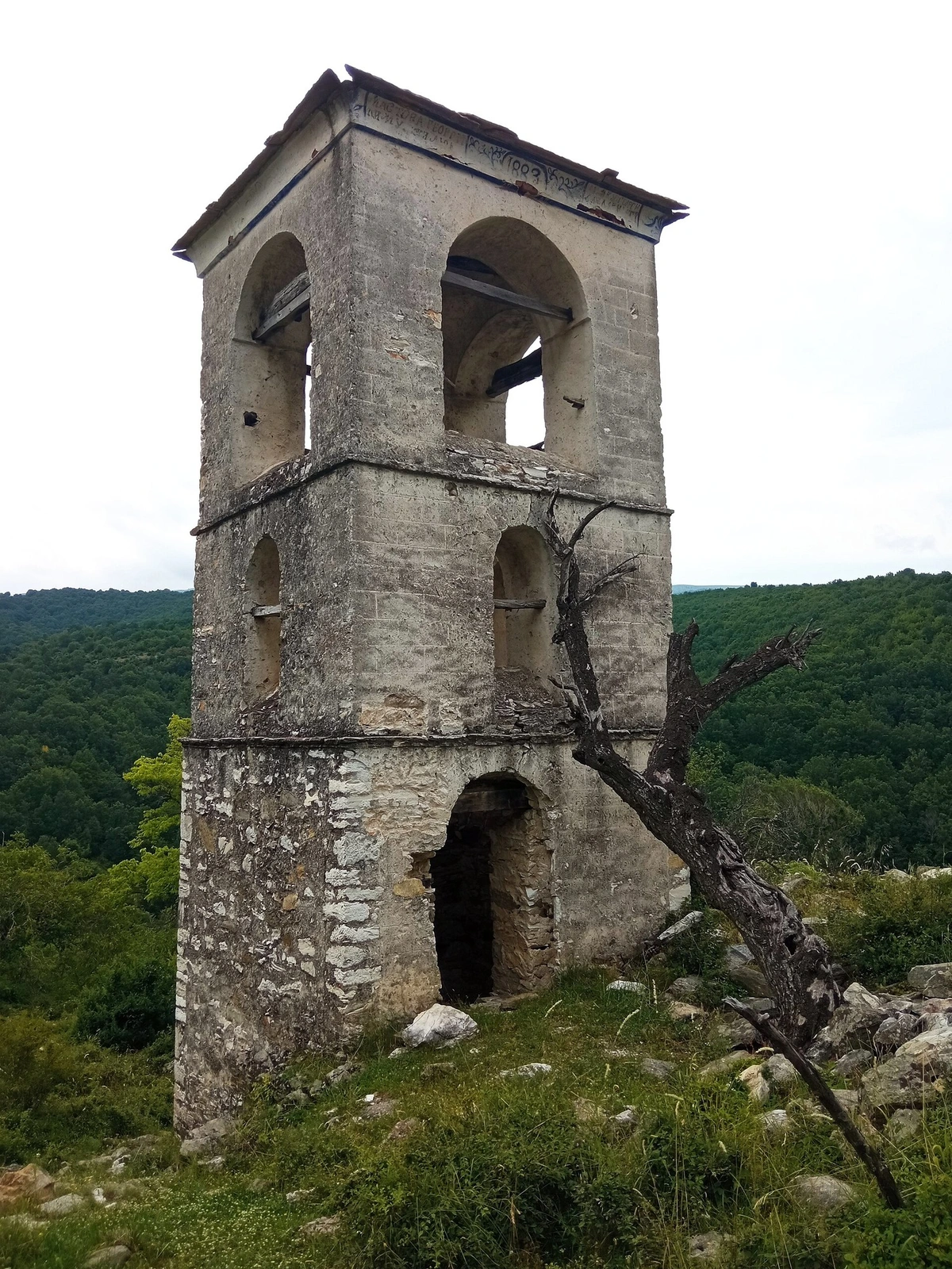 Remains of a bell tower in Banitsa, Greece