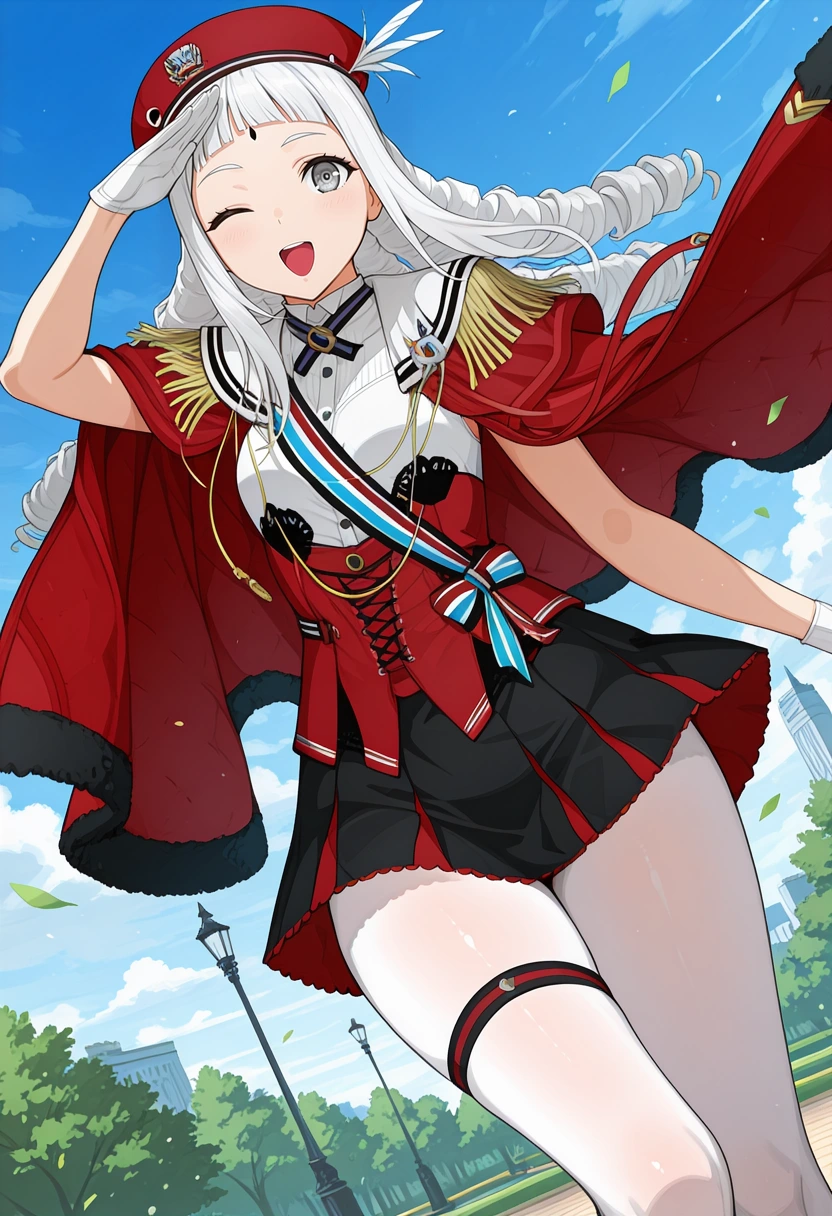 A young woman with gray eyes, long wavy white hair, and a happy, winking smile standing in a dynamic pose and giving a salute. She is wearing an elaborate military-style uniform that includes a red cape, a red beret, a white and red top with gold epaulets, a black miniskirt, white tights, and white gloves. The background consists of green trees, lampposts, and distant skyscrapers under a bright blue sky with white clouds.