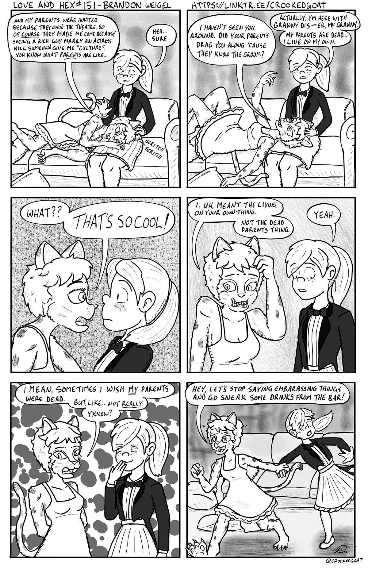 Page 151 from the comic Love and Hex. Full transcript: https://crookedgoat.ca/comic/151/#comic-page  It's Maki's turn to be awkward.