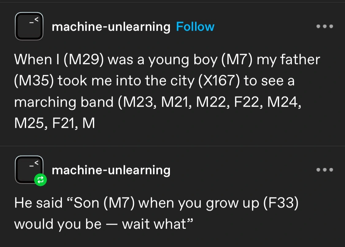 A tumblr post by @machine-unlearning, saying:   When I (M29) was a young boy (M7) my father (M35) took me into the city (X167) to see a marching band (M23, M21, M22, F22, M24, M25, F21, M  He said "Son (M7) when you grow up (F33) would you be — wait what"