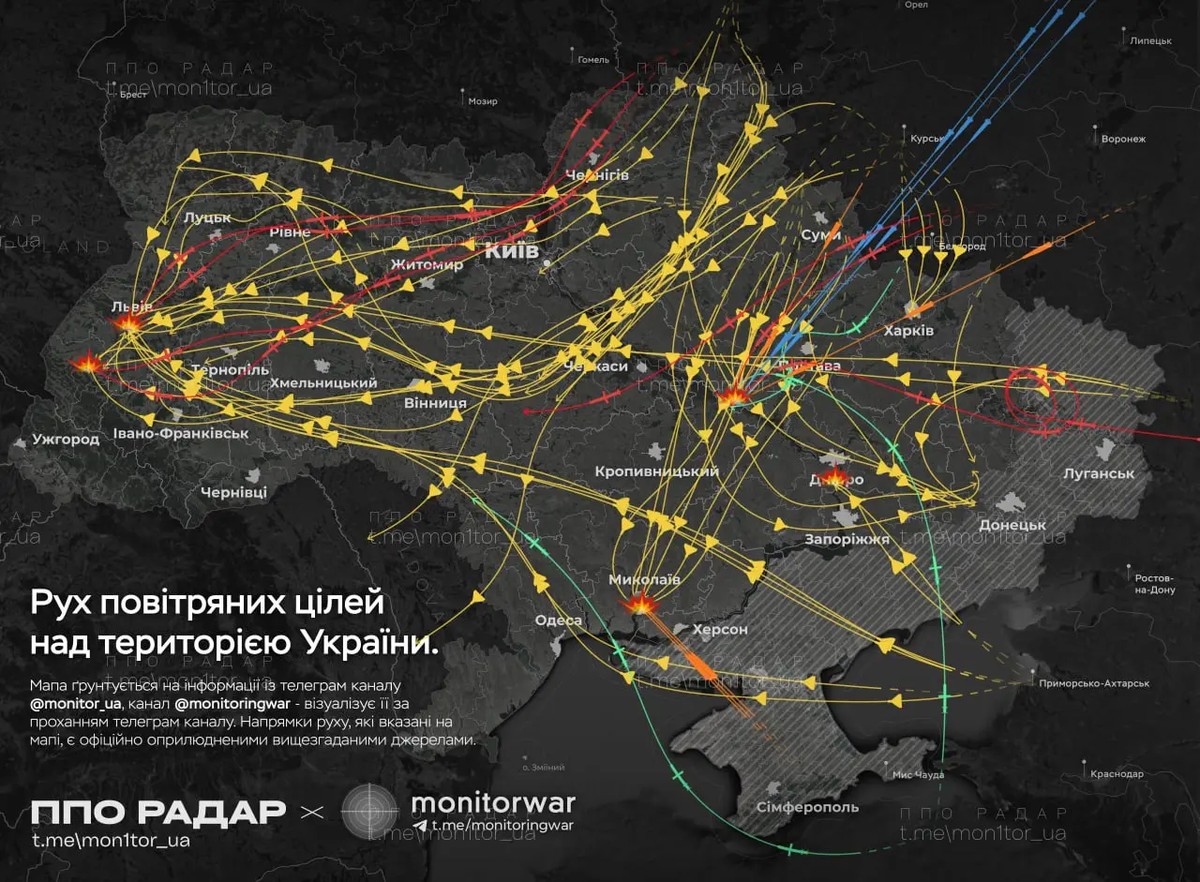 Approximate flight paths of Russian UAVs and missiles during last night's attack, mostly targeting western Ukraine.