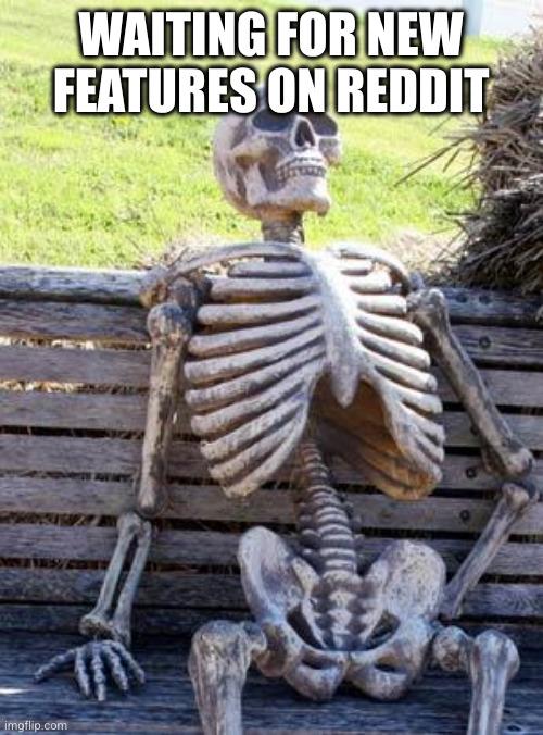 waiting for new features on Reddit, picture of a skeleton on a park bench