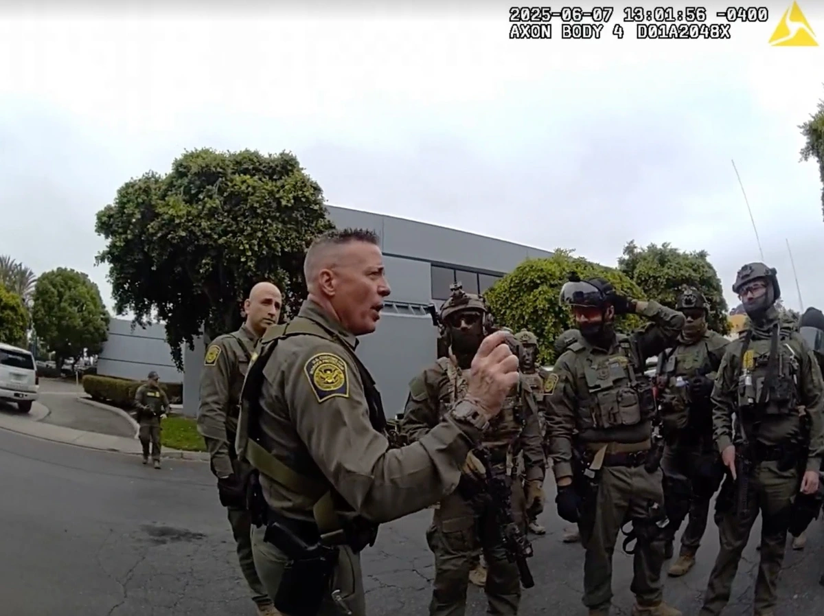 Border Control chief Greg Bovino talking to agents in L.A. on June, 7, 2025. The video was captured via body camera and shown in court this week in an ongoing lawsuit over federal immigration agents' use of force in the Chicago area.