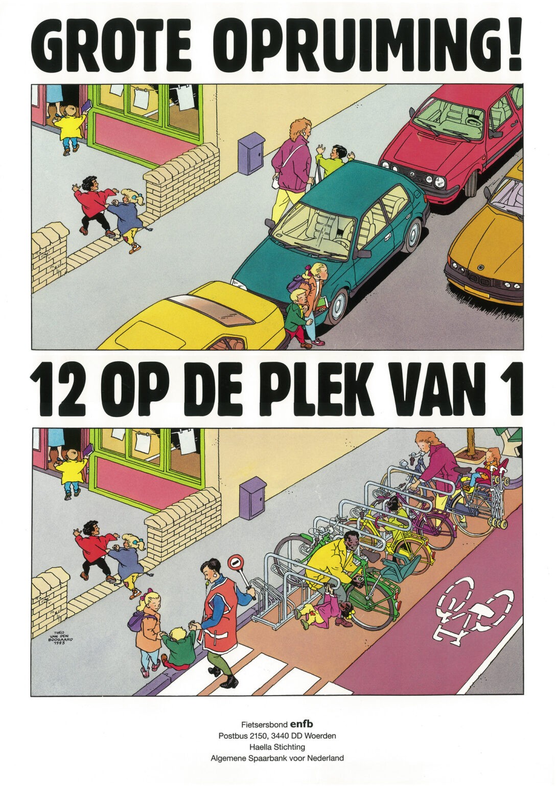 two illustrations of the same street corner, in one illustration there is a parking spot for a single car while in the other is parking space for twelve bicycles. In the center is a text as if there is a special offer: 12 for the place of 1.