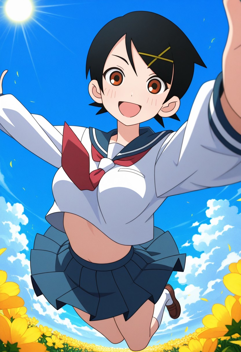 A young woman with brown eyes, short black hair with two crossed yellow clips, and a joyful open-mouthed smile is midair, jumping with her arms extended towards the viewer. She is wearing a Japanese sailor-style school uniform consisting of a long-sleeved white top with a blue sailor collar, a red neckerchief, a blue pleated skirt, white socks, and brown loafers. The scene is illuminated by a bright sun in the upper left corner of the blue, partially cloudy sky, casting direct light onto the girl and the field of yellow flowers below her.