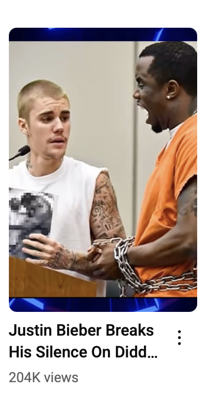 Image of a YouTube short preview depicting Sean "Diddy" Combs in chains and orange jail jumpsuit next to Justin Bieber in what appears to be a testimony/trial. Clearly AI generated "ragebait".