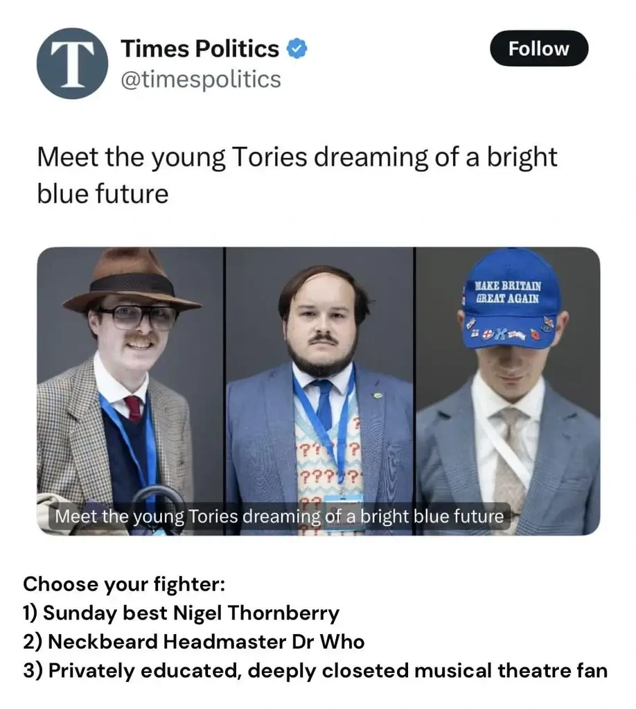 @timespolitics On Twitter: "Meet the young Tories dreaming of a bright blue future" with a link that shows a preview image of three men. The first is Charles Amos, the second a pale man with hair that seems to follow the circumference of his head wearing a suit jacket with a bunch of question marks on, and a man looking slightly down wearing a baseball cap that says 'Make Britain Great Again'. A reply under the posts says: "Choose your fighter: 1) Sunday best Nigel Thornberry 2) Neckbeard Headmaster Dr Who 3) Privately educated, deeply closeted musical theatre fan"