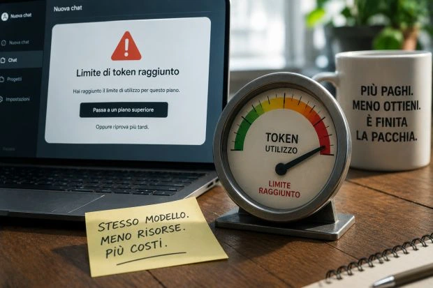 Schermo di Pc con la scritta "Limite di Token raggiunto" con un indicatore in rosso ed un post-it con scritto "Stesso modello, meno risorse, più costi"