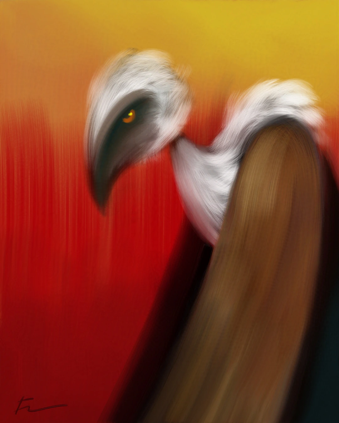 Digital painting of a stylized vulture in front of a dark red background. It is shown in profile, piercing eyes staring ahead.