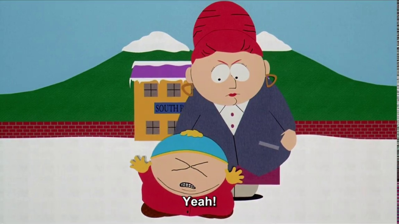 south park eric cartman singing about kyles mom and closed caption that says yeah! png