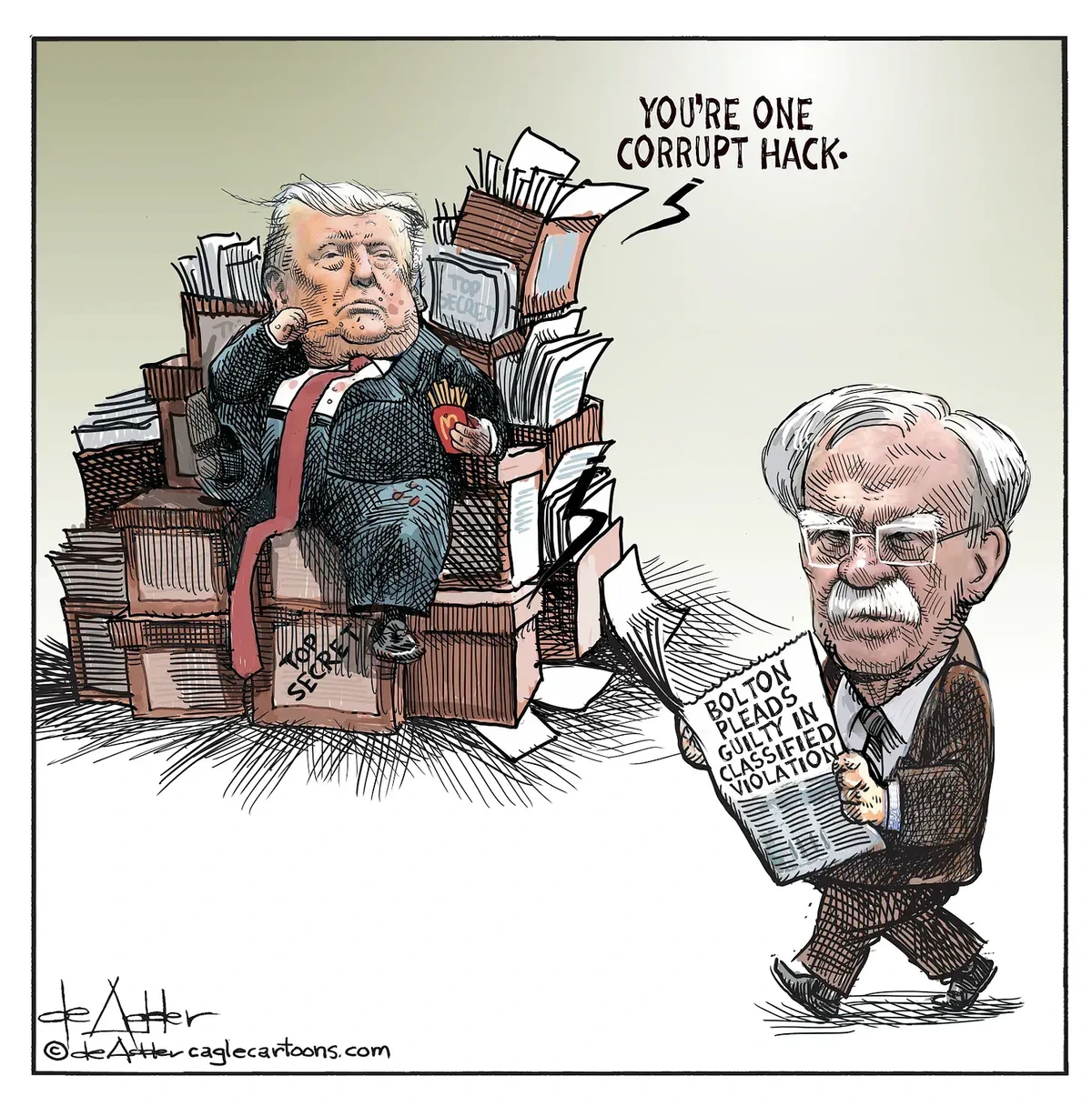 Political cartoon by de Adder showing Donald Trump sitting on a throne of "TOP SECRET" document boxes, eating McDonald's fries, and calling John Bolton a "corrupt hack." Bolton is walking away while holding a newspaper with the headline "BOLTON PLEADS GUILTY IN CLASSIFIED VIOLATION."