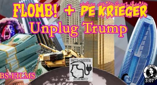 Bunte Collage mit Trumptower, Hochhäusern, Panzern, dem gehörten Typen mit Fellmütze aus dem Sturm vom Capitol, Dollarbündeln, Elon Musik auf einer Weltkugel. 