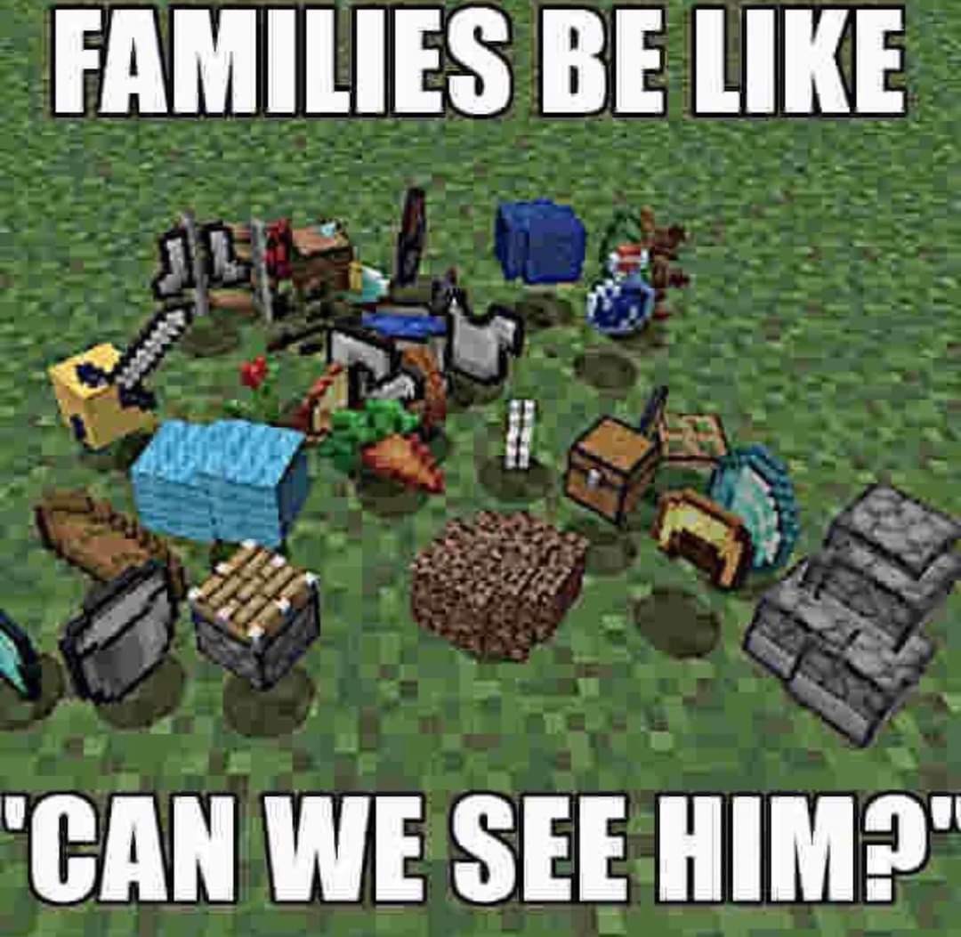 image of Minecraft. someone's inventory is spilled out on the ground, after death. caption: "FAMILIES BE LIKE / 'CAN WE SEE HIM?'"