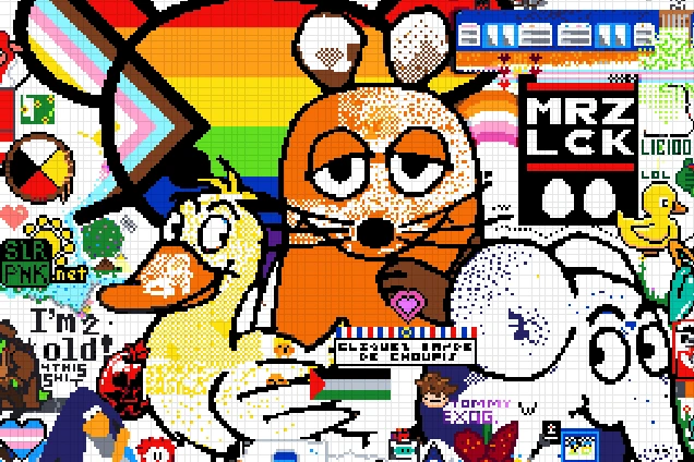 Canvas Screenshot vom Lemmy-Logo in Pride-Farben. Darunter Maus, Ente und Elefant aus der Sendung mit der Maus. Rechts davon MRZ LCK Eier-Emoji Eier-Emoji