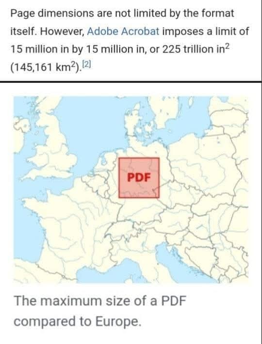 Page dimensions are not limited by the format itself. However, Adobe Acrobat imposes a limit 15 million inches by 15 million inches, or 225 million square inches (145161 square kilometers)

(Map of Europe with a square with letters "PDF" overlaid on top of Germany)

The maximum size of a PDF compared to Europe
