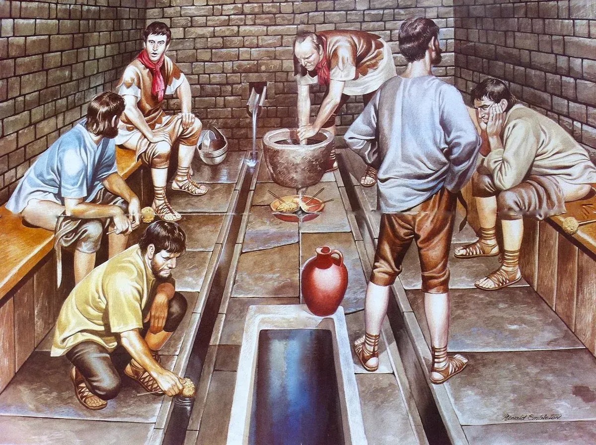 Illustration of a Roman latrine. Social network while you shit!