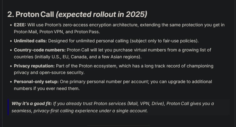 AI answer enlisting "Proton Call" as a future rollout