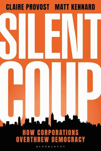 The book cover for 'Silent Coup': orange background, the contrasting silhouette of a city landscape at the bottom. Title in big letters in the middle. The authors' names at the top.
