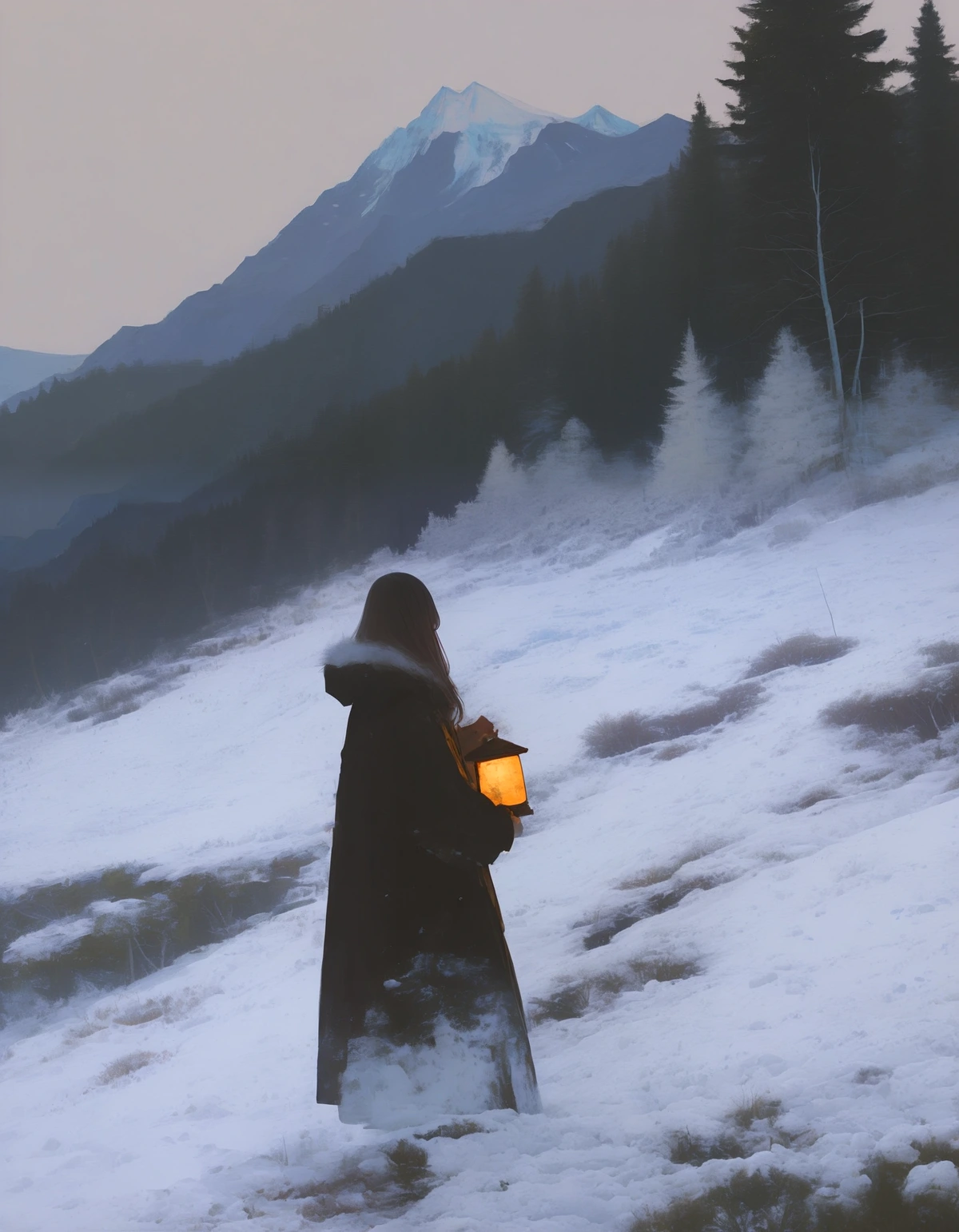 A figure in a long dark coat standing on a snow-covered hillside, holding a glowing lantern. The figure faces a forest of coniferous trees and distant tall blue-toned mountains under a pale pink dusk sky.