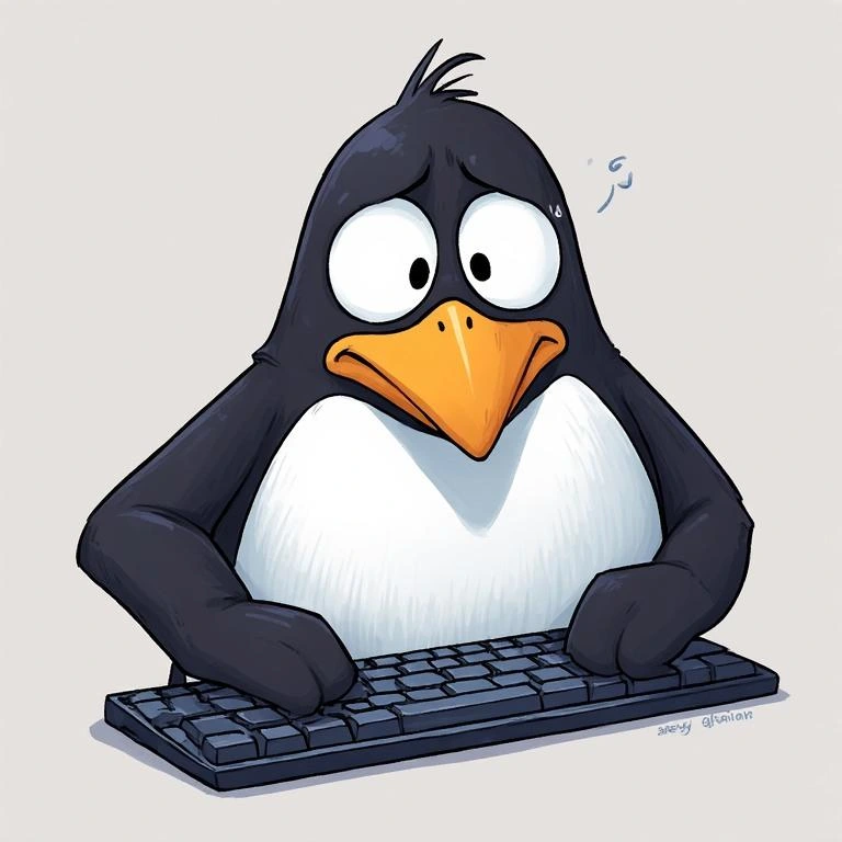 Tux il pinguino di Linux digita nervosamente alla tastiera