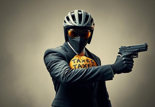 A modern assassin with a bicycle helmet, golden moneybag with taxes written on it on one hand and pistol on the other