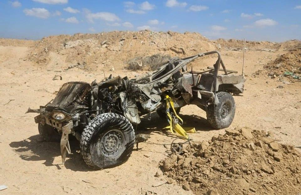 Picture of a destroyed Israeli military vehicle hit by a bomb in Rafah yesterday