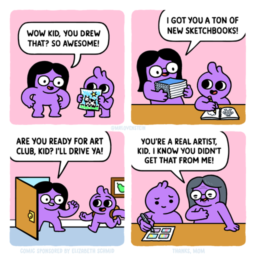 A comic book. 
First panel: A little boy shows his mother a drawing, she replies: "Wow kid, you drew that? So awesome!

Second panel: the boy, a little older, is drawing on the table, his mother comes in carrying several sketchbooks and says, "I got you a ton of new sketchbooks!"

Third panel: The boy is running to the door of the house as his mother waits for him and says "Are you ready for art club, kid? I'll drive ya!"

Last panel: The boy artist is a man artist, the mothers is very old as well. While the man is drawing a comic book his mother approach and says, "You're a real artist. I know you didn't get that from me".