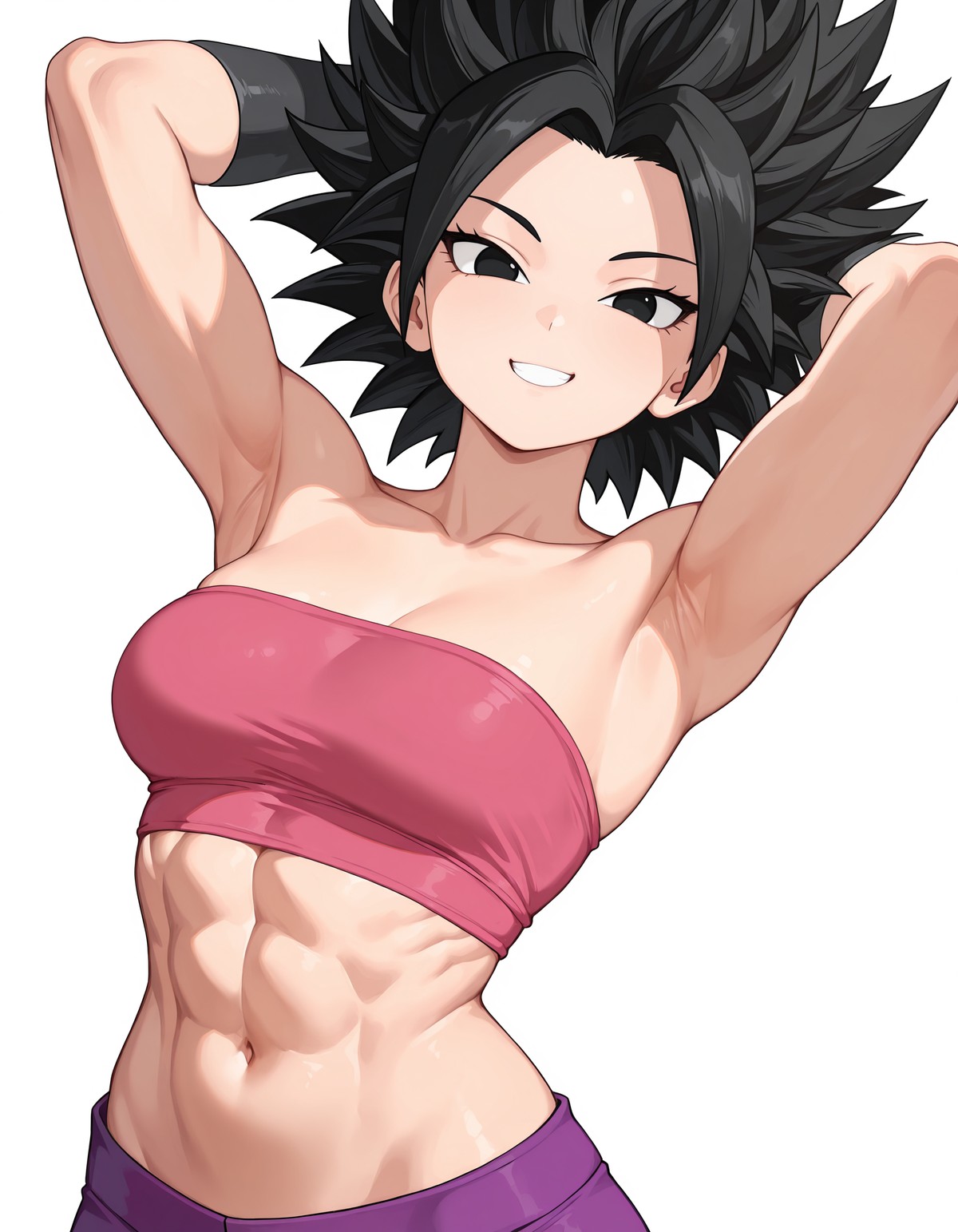 A woman with black eyes, spiky black hair, and a confident, toothy smile is posing with both hands clasped behind her head and her elbows pointed outwards. She is wearing a pink bandeau top, rise purple pants, and black bands on her forearms.