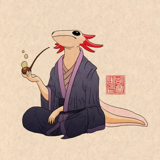 A sitting Anthro axolotl, dressed in a purple kimono and holding a smoking pipe emitting bubbles, ponders vacantly