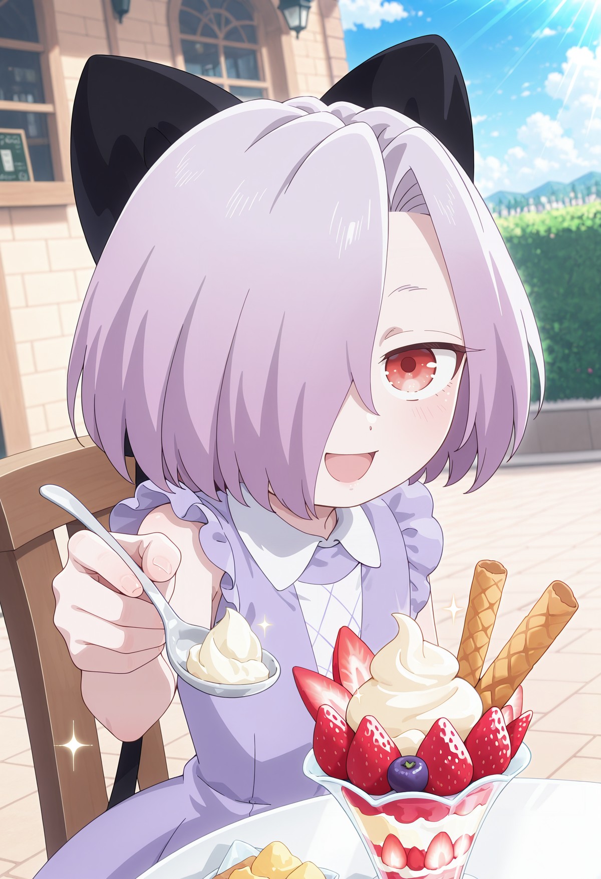 A girl with red eyes, short light purple hair that covers her right eye, a large black bow in her hair, and an open-mouthed smile. She is seated at a table and holds a spoon with a dollop of cream toward the viewer, offering a bite from the large parfait in front of her. She wears a light purple dress with a white collar. The parfait sits in a tall glass and is composed of layers of red fruit and cream, topped with a swirl of cream, sliced strawberries, and two rolled wafer cookies. The background shows the outdoor patio, with a light-colored stone building, arched windows, and a clear blue sky.