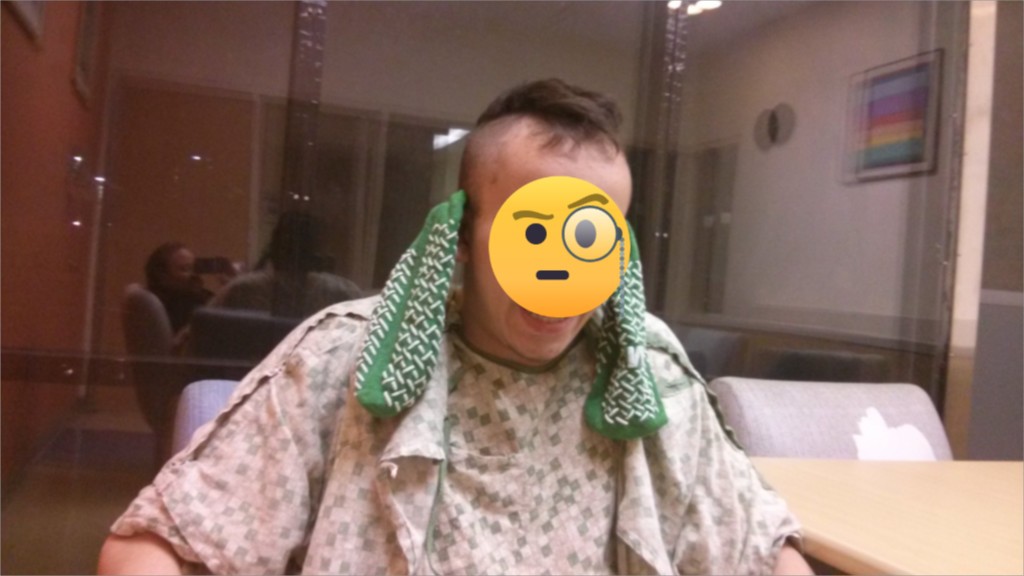 my son in an insane asylum wearing his socks on his ears