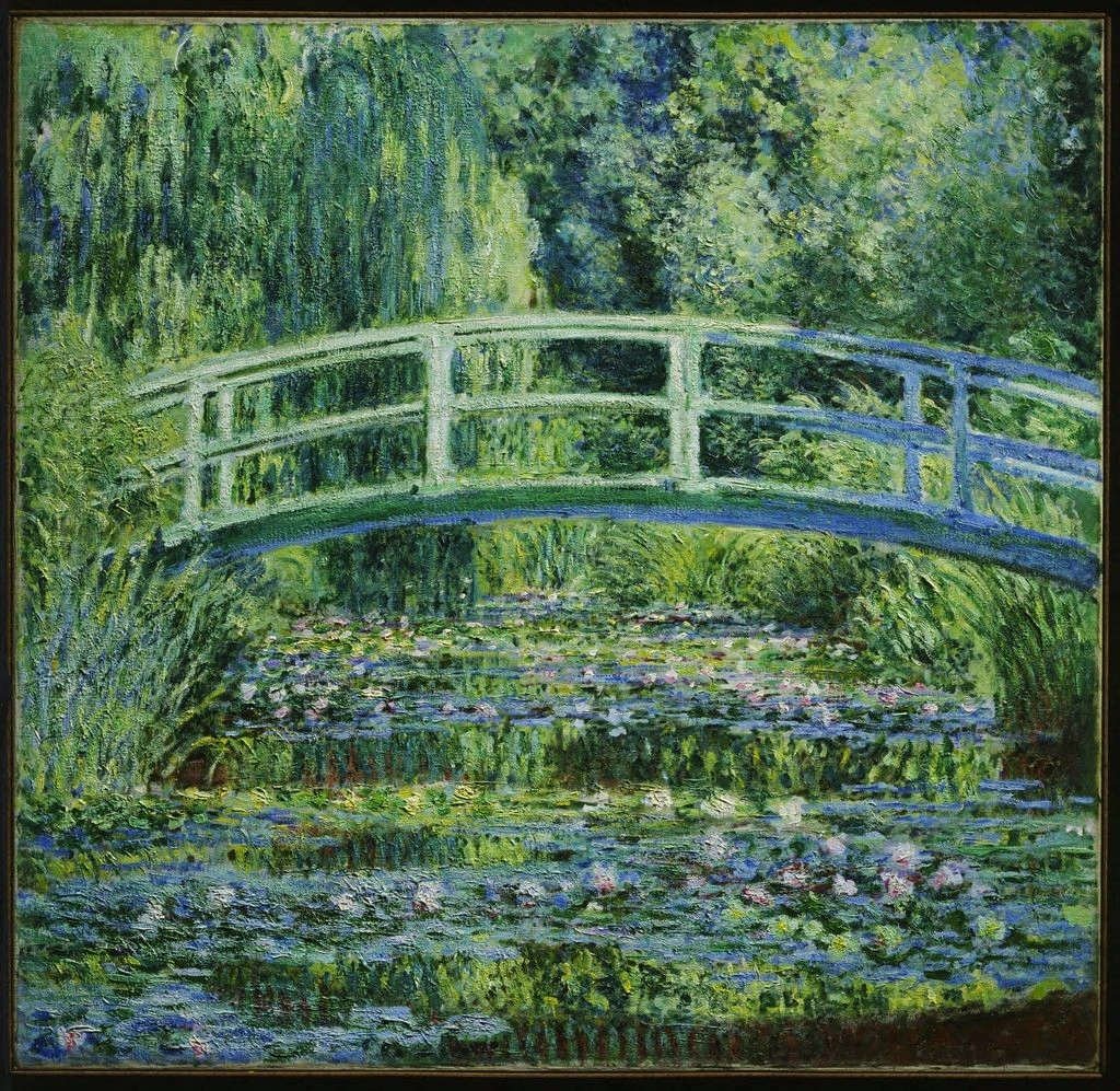 Water Lilies and Japanese Bridge by Claude Monet that depicts a tranquil garden pond filled with water lilies, reflected light, and a green arched bridge surrounded by lush foliage.
