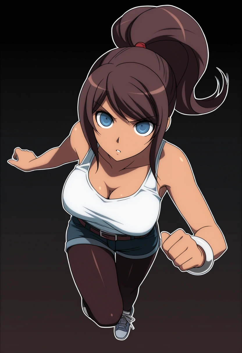 A young woman with blue eyes, dark brown hair pulled into a high ponytail secured with a red hair tie, and a focused expression mid-run, leaning forward aggressively with her arms bent,. She is wearing a white tank top, short dark-blue denim shorts, a brown belt, dark brown tights, and white sneakers. The background is a black to brown gradient. 
