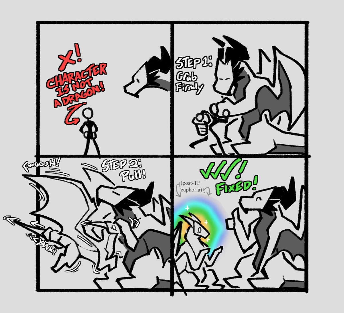 4 panel comic where a human character who is not a dragon, gets turned into a dragon by a different character who is a dragon. He feels euphoria after being transformed into a dragon.