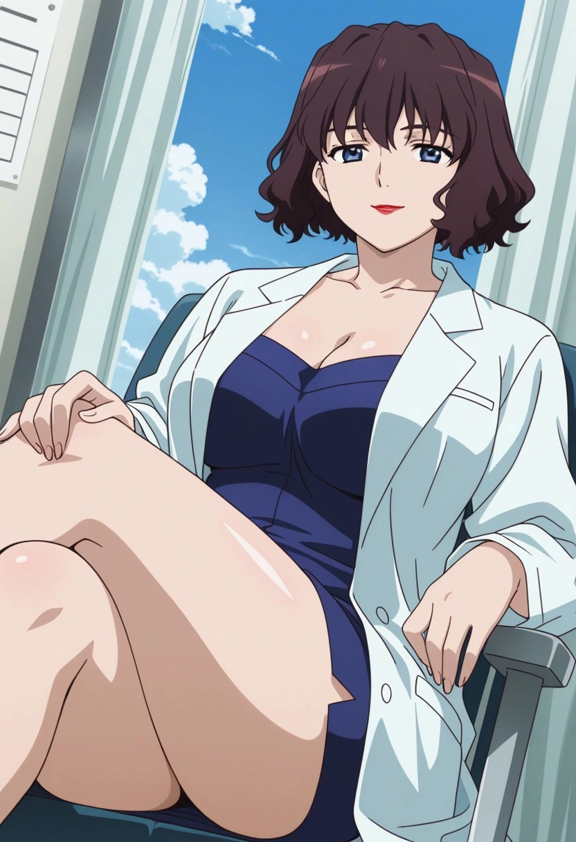 A woman with blue eyes and short, dark brown wavy hair, who has a confident with bright red lipstick, seated in a dark blue chair with her legs crossed and her hands resting on her knee and the chair arm. She is wearing an unbuttoned white lab coat over a dark blue strapless dress. In the background, a large window covered with light blue curtains shows a bright blue sky with white clouds outside, and a white sign is partially visible on the wall to the upper left.