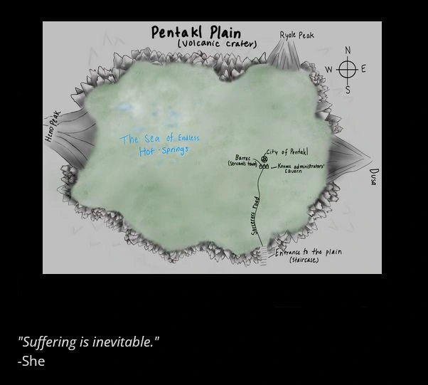 Map Illustration of the Pentakl plain home to sorcerers in The Last Philsosopher story.

Quote:
"Suffering is inevitable."
-She