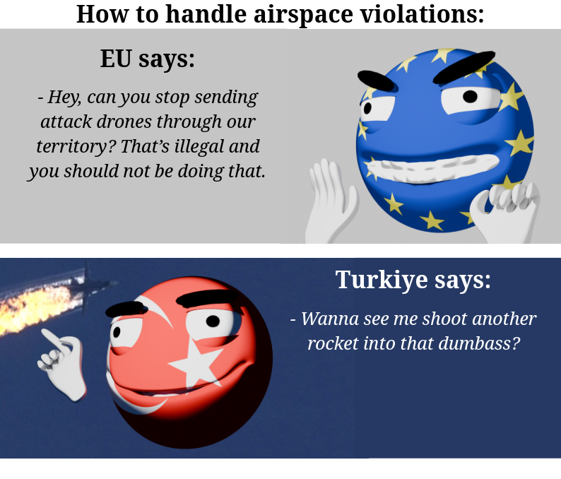 Image has title "How to handle airspace violations", has two smileys, one representing EU and saying "- Hey, can you stop sending attack drones through our territory? That’s illegal and you should not be doing that." and another representing Turkey, saying "- Wanna see me shoot another rocket into that dumbass?".