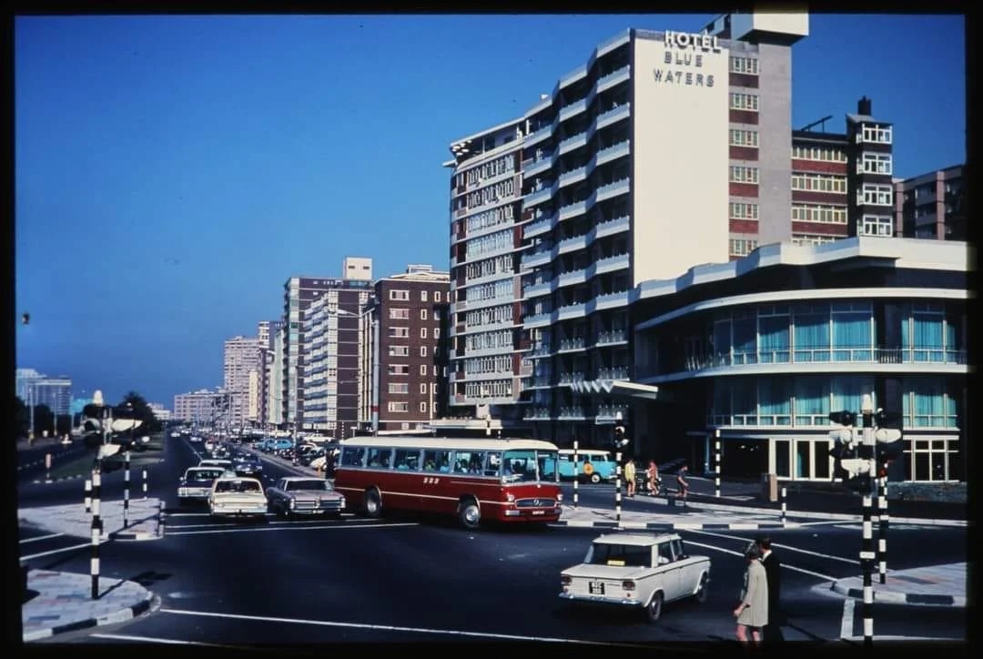 The Blue Waters Hotel in Durban (January 1961), just before the Rand replaced Pound Sterling as legal tender, at Two Rand = 1.5 Pounds.